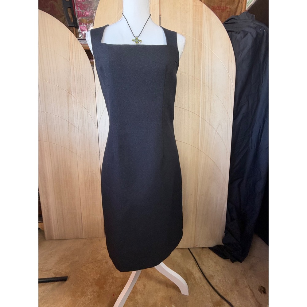 Spago Sheath Dress Small Black Square Neck Sleeveless LBD Minimalist 90s Classic